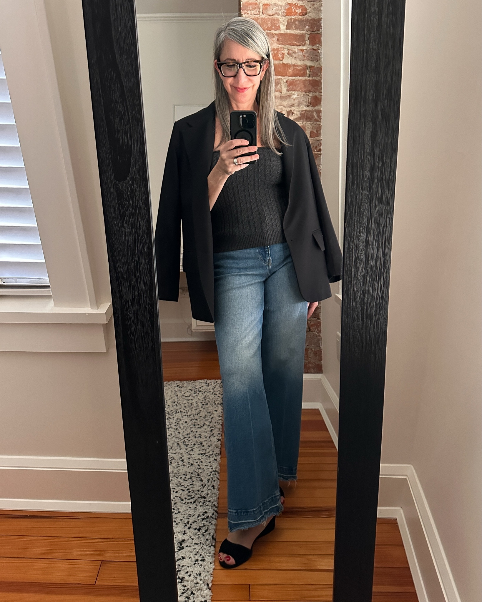 #ComfortableGirlWinter - dress up edition!

I rely on denim to make dressier pieces feel more "me". Wide-leg frayed jeans balance a strapless sweater, blazer & wedge sandals - and even a vintage Persian lamb coat that usually feels too fancy to wear casually.

The outfit feels effortless, considered, and completely wearable.

Comfortable doesn't have to mean careless - it just needs a little thought.
.
.
#52for62 #WalkingInto2026 #Over60Style #StyleOver60 #WearWhatYouOwn
#ModernStyle


