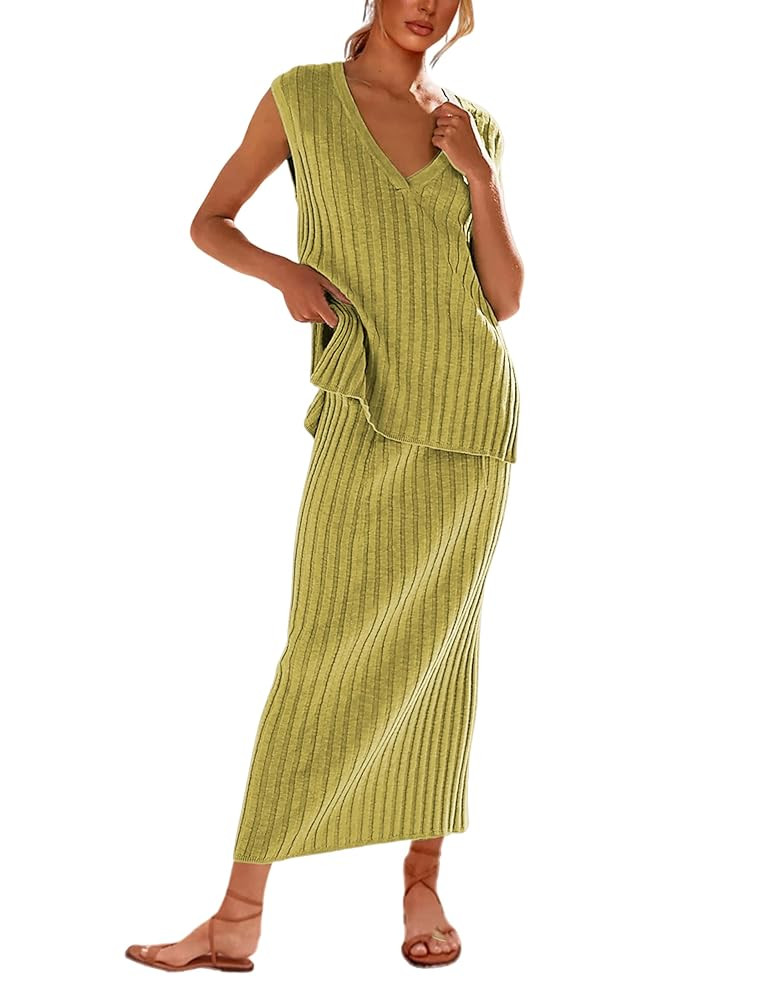 SCUSTY Women's 2 Piece Sweater Skirt Sets Sleeveless V Neck Knit Ribbed Vest Tops Midi Skirt | Amazon (US)