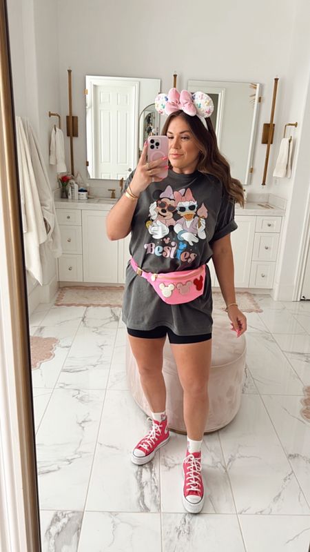 Disneyland outfit! wearing size large in Besties Minnie and Daisy tee and size 10 in biker shorts. so comfy and perfect for walking all day! 

#LTKSeasonal #LTKfindsunder100 #LTKmidsize