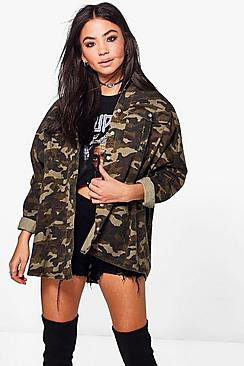 Over Sized Camo Washed Denim Shirt | Boohoo.com (US & CA)