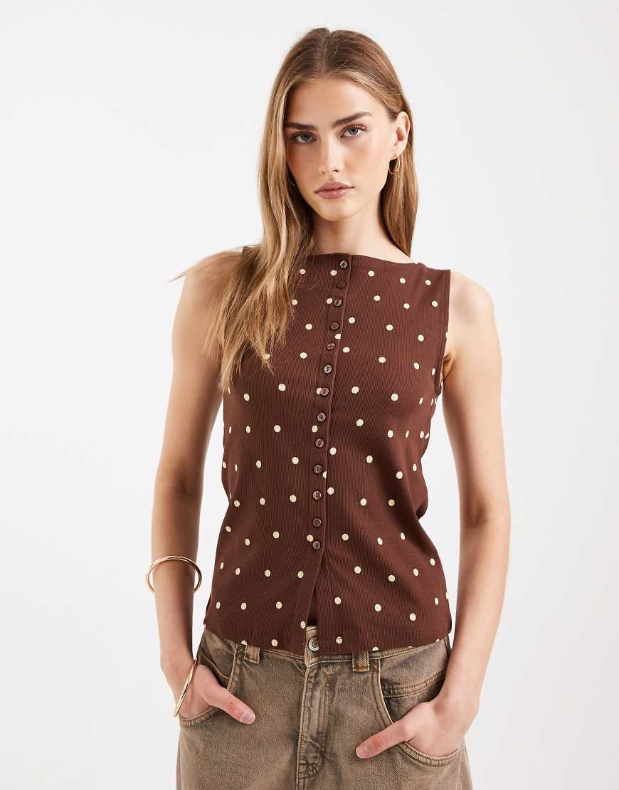 New Look boat neck polka dot button through tank in brown | ASOS (Global)