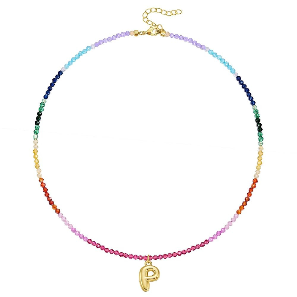 KissYan Beaded Initial Necklace for Women, 14K Gold Plated Bubble Letter Pendant Rainbow Gemstone... | Amazon (US)