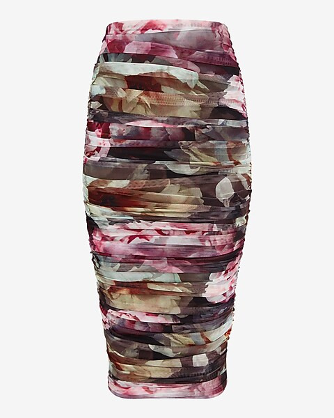 Body Contour Floral Mesh Ruched Midi Skirt With Built-in Shapewear | Express