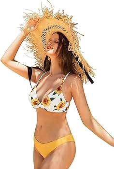 Women’s Sunflower Bathing Suit Lace Up Bikini Set High Waist Floral Print Two Piece Swimsuits | Amazon (US)
