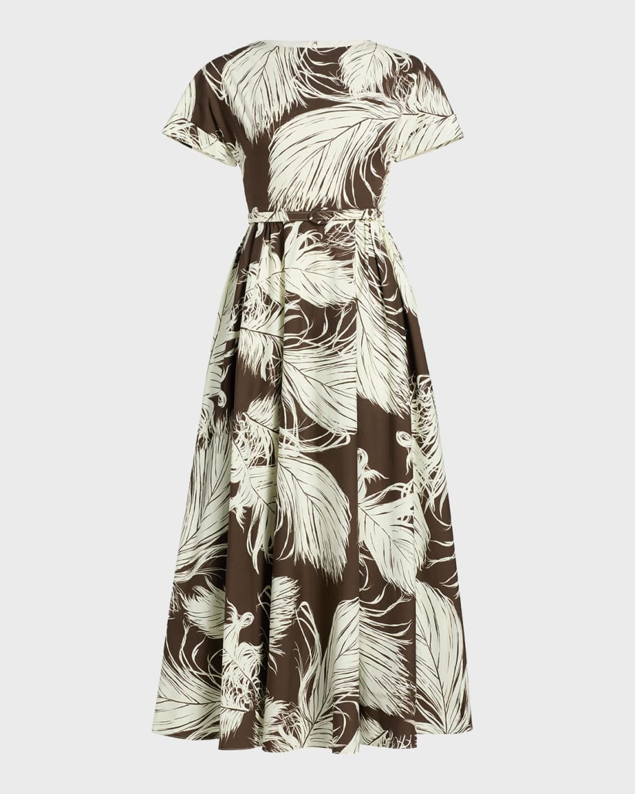 Oscar de la Renta Feather-Print Short-Sleeve Belted Fit-&-Flare Ankle Dress | Neiman Marcus