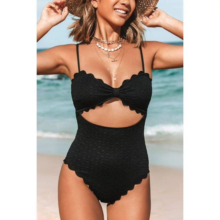 Cupshe Women's One Piece Swimsuit Sexy Black Cutout Scallop Trim Bathing Suit, M - Walmart.com | Walmart (US)