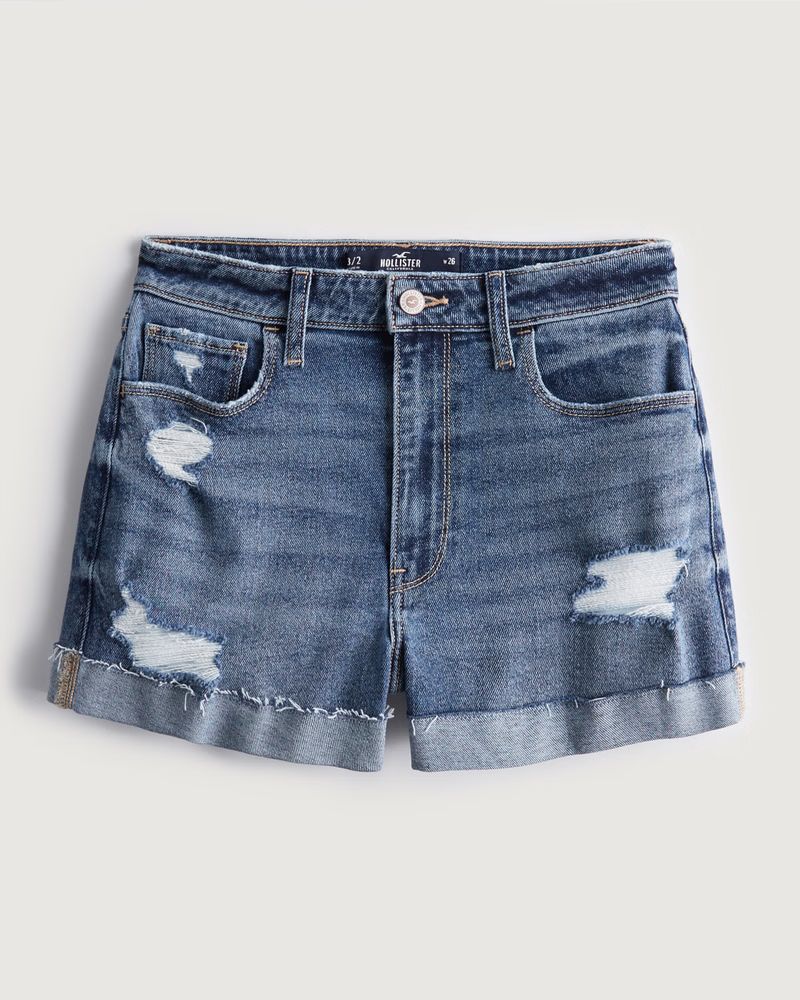 Ultra High-Rise Ripped Medium Wash Mom Shorts | Hollister (US)