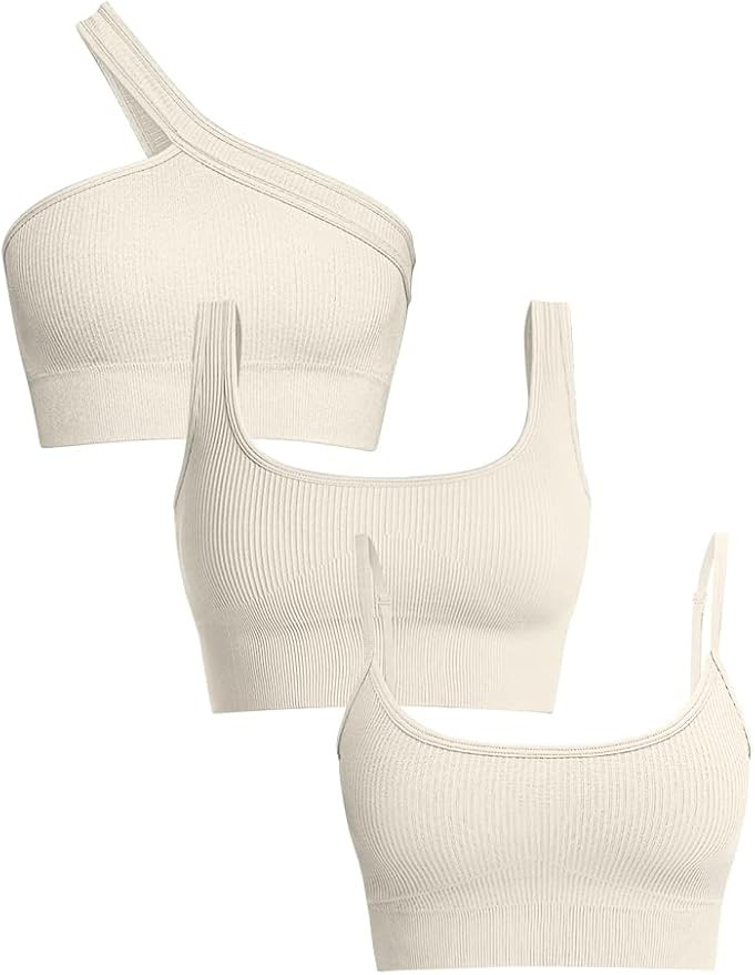 OQQ Women's 3 Piece Medium Support Tank Top Ribbed Exercise Seamless Scoop Neck Sports Bra One Sh... | Amazon (US)