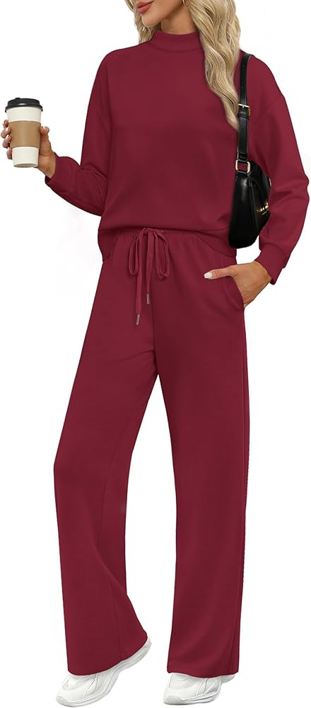 WIHOLL Two Piece Sets for Women, Mock Neck Tops and Wide Leg Pants, Fall Outfits, Lounge Sets, Va... | Amazon (US)