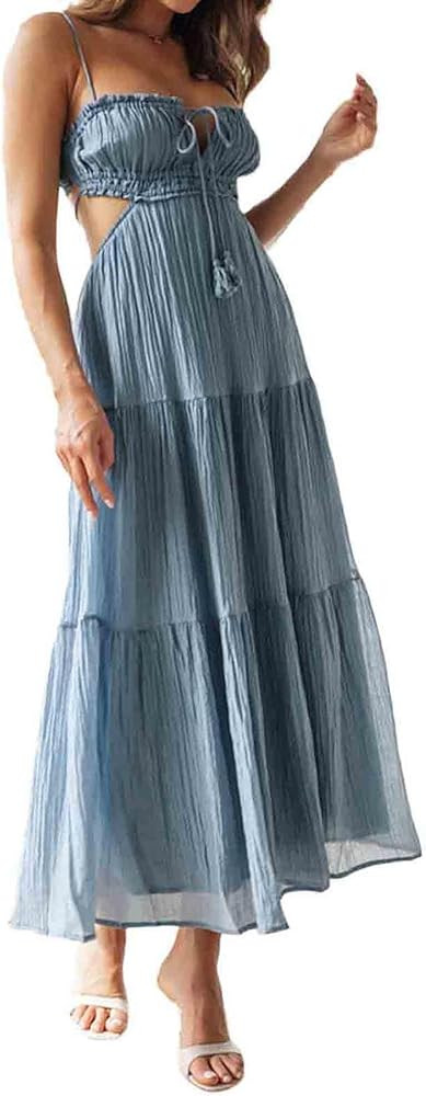 Womens Summer Beach Maxi Dress Spaghetti Strap Backless Flowy Long Dress Casual Boho Side Cut Out... | Amazon (US)