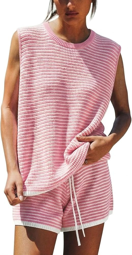 EXLURA Women's Sleeveless Sweater Set 2 Piece Outfits Striped Crewneck Knit Tank Tops and Shorts ... | Amazon (US)