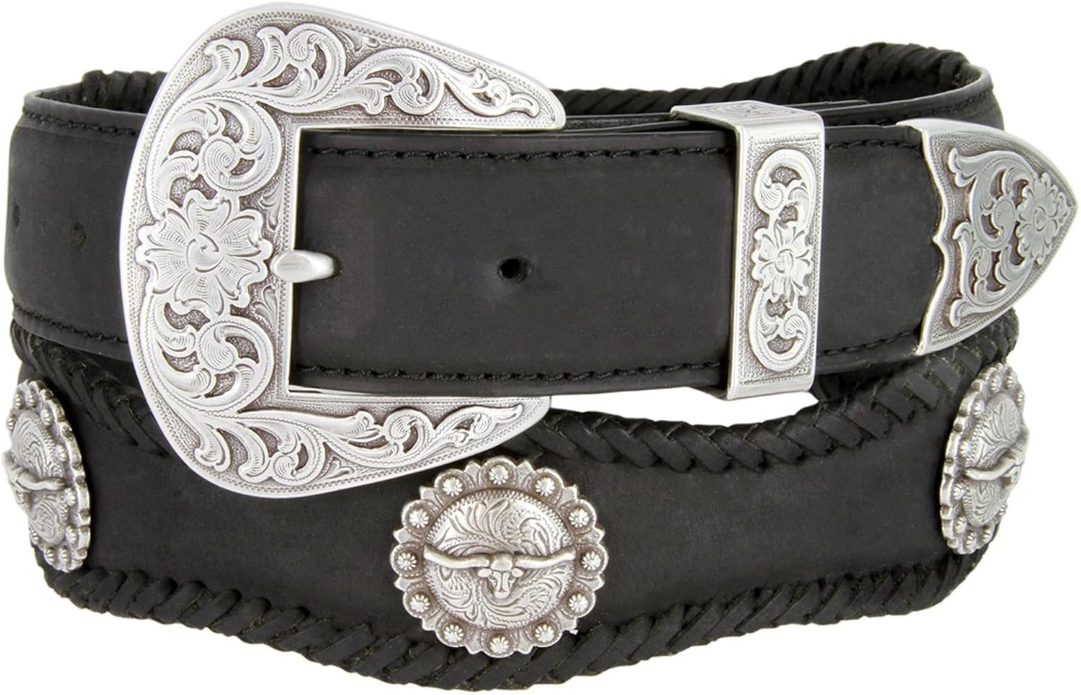Silver Laredo Longhorn Steer Berry Conchos Western Genuine Leather Cowboy Belt Scalloped 1 1/2" w... | Amazon (US)