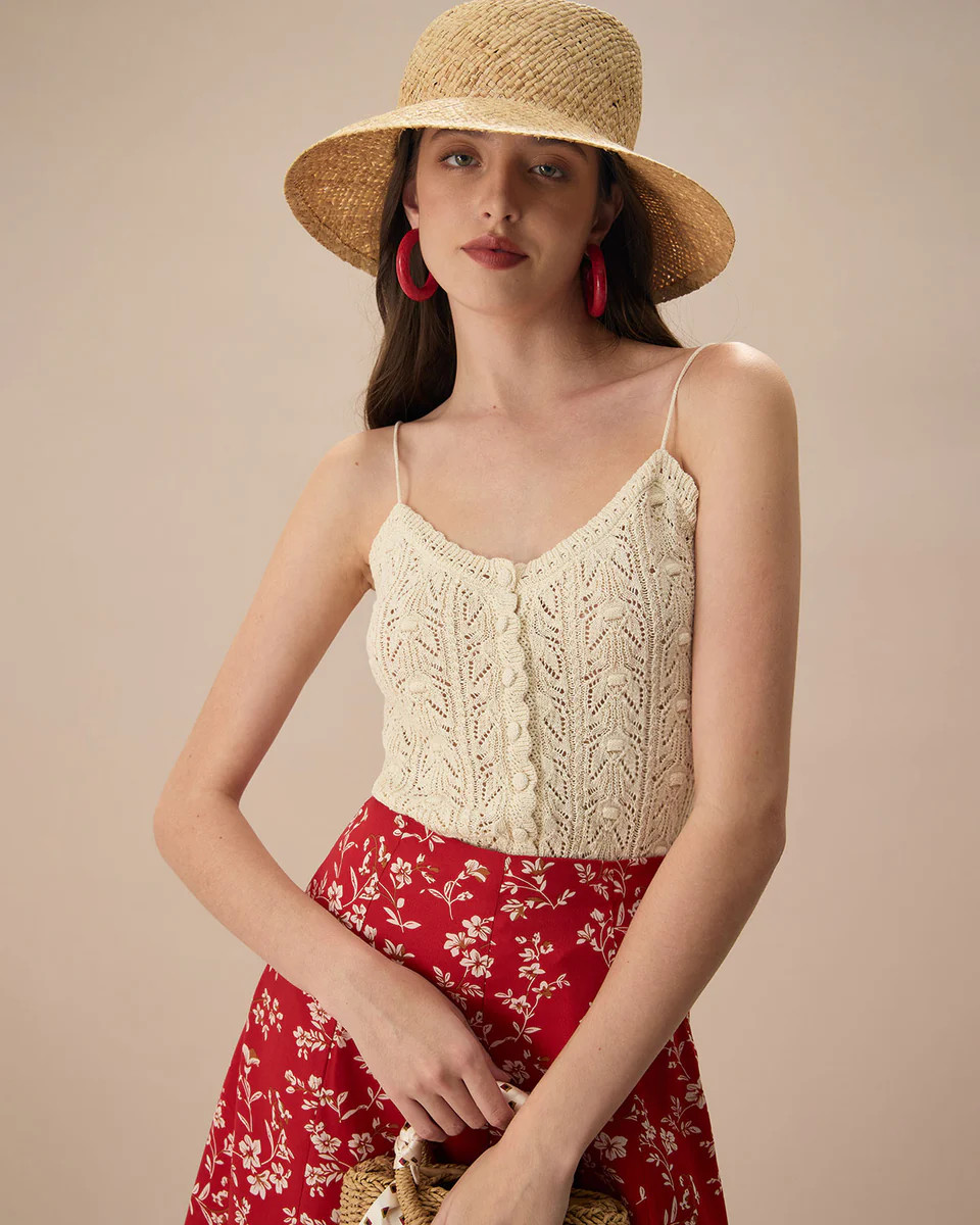 The Beige V Neck Pointelle Scalloped Cami Top | rihoas.com