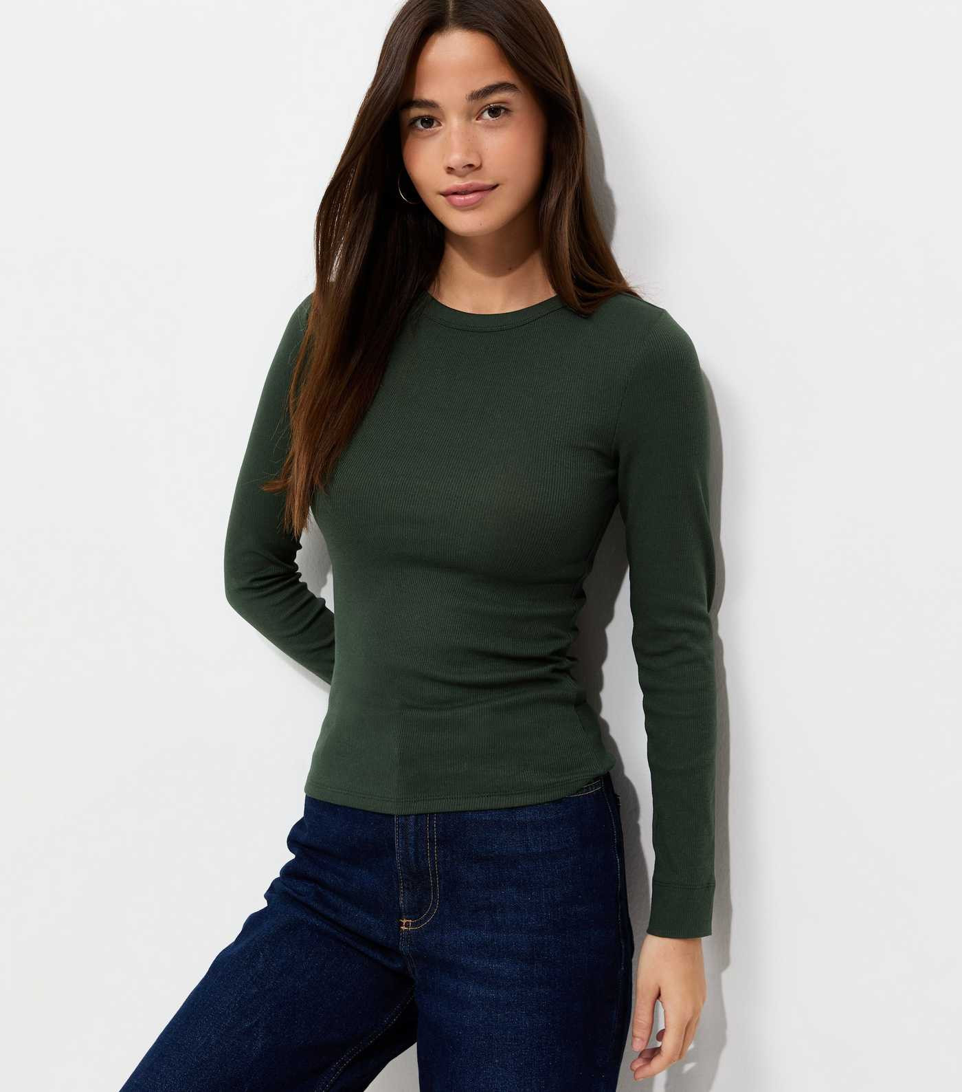 Dark Green Cotton Rich Ribbed Crew Neck Long Sleeve Top | New Look | New Look (UK)
