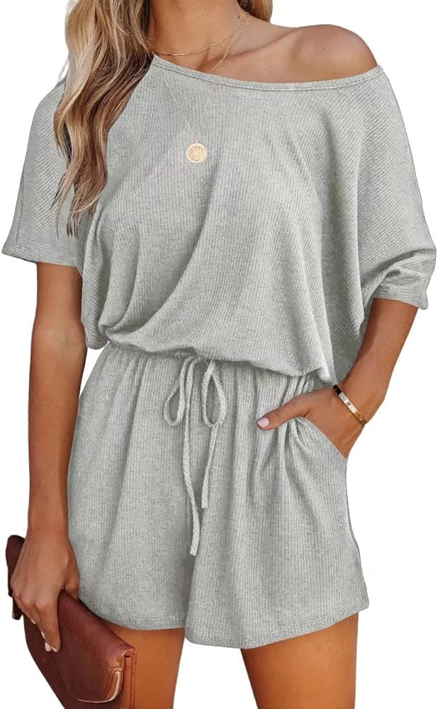 Lacozy Women Jumpsuits One Piece Rompers Summer Boat Neck Off Shoulder Short Sleeve Jumpsuit with Po | Amazon (US)