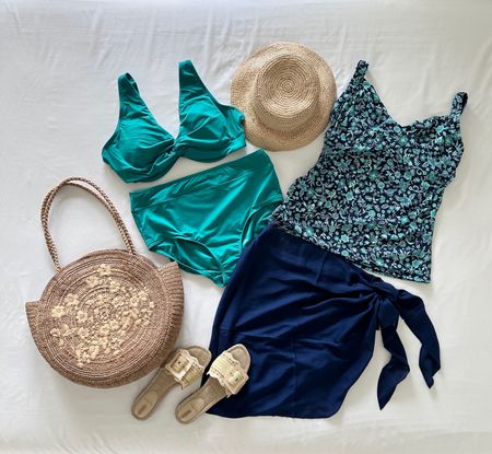 Beach and Pool Mix and Match - bikini top and bottom, tankini and sarong.  With straw bucket hat, raffia tote and raffia slide sandals.

#LTKSwim #LTKSeasonal
