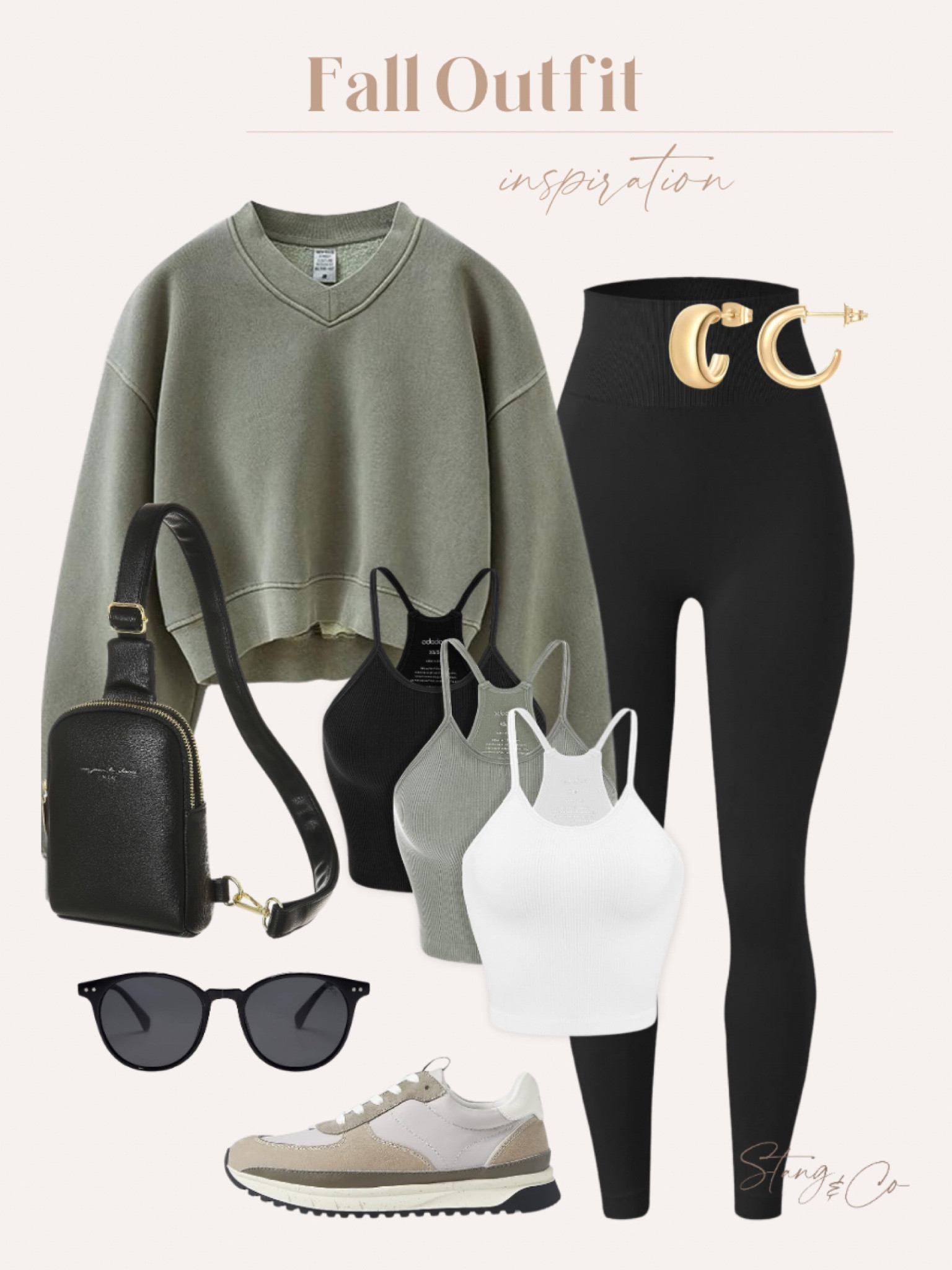Fall outfit inspiration! Pair a basic cropped sweatshirt with leggings, a matching tank, fashionable sneakers, a sling bag, sunglasses, and gold huggie earrings. 


Athleisure, fall style, tall style, ootd, Faith transition outfit  

#LTKstyletip #LTKshoecrush #LTKunder50
