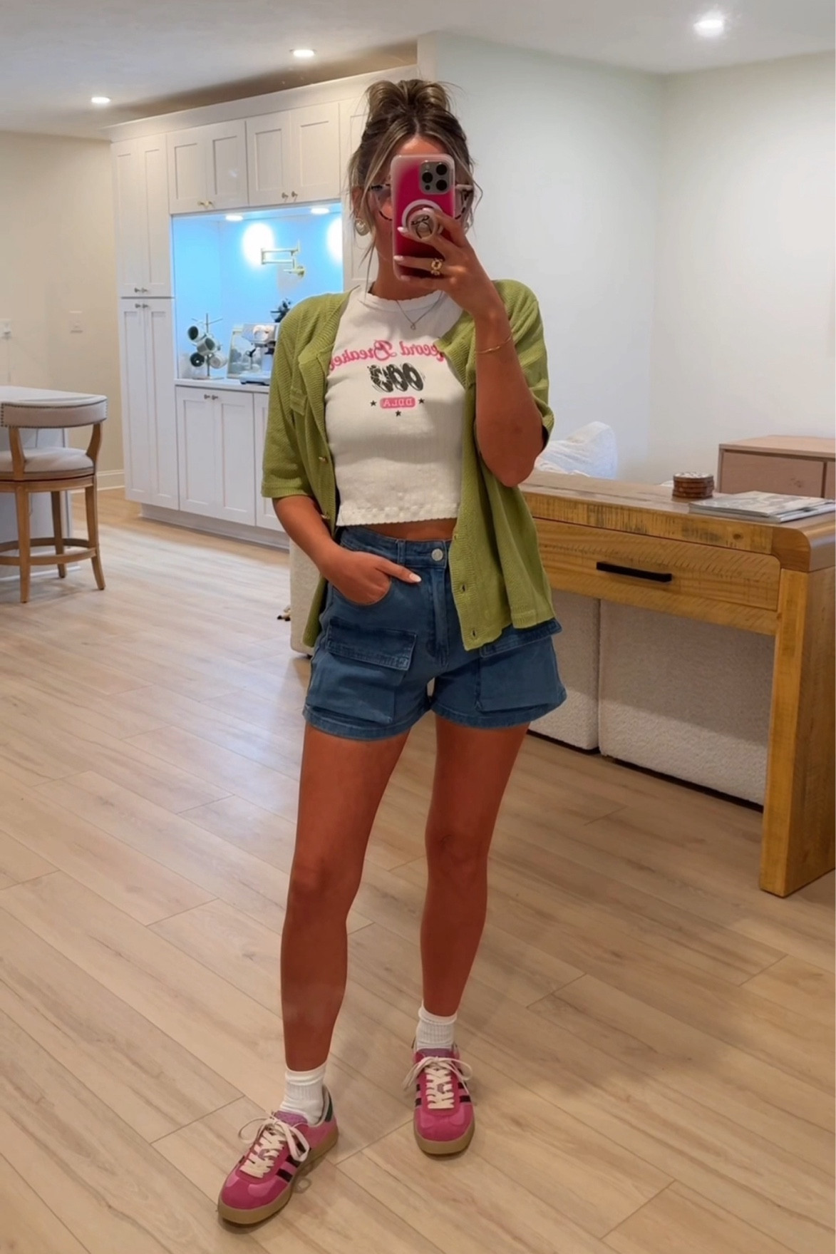 I’m wearing size small in both the top and cardigan and 4 in the shorts. They run small so size up :) shoes are from dhgate but i can’t find the seller anymore :( try searching gucci samba 

#LTKFindsUnder100 #LTKFindsUnder50 #LTKStyleTip