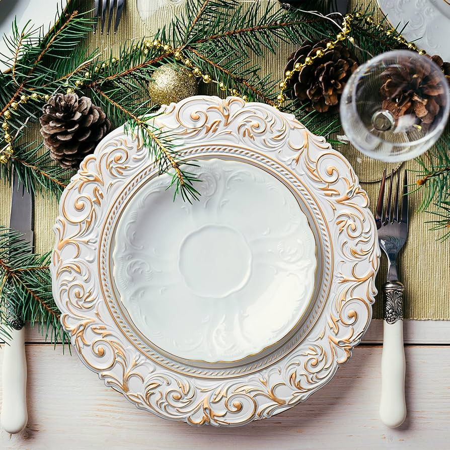 GENMOUS 13" White Charger Plates Set of 8, Vintage Embossed Plastic Table Chargers for Wedding Pa... | Amazon (US)