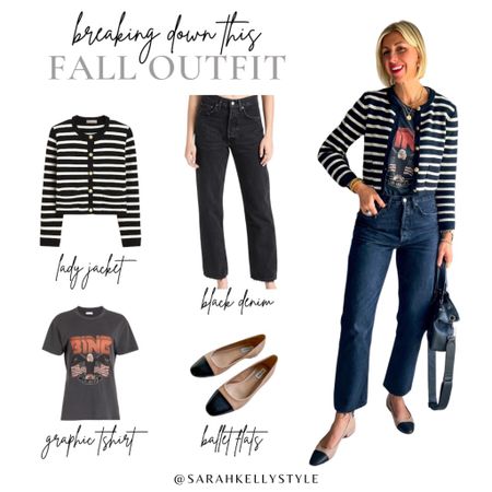 Breaking down this fall outfit, fall look, black jeans, graphic tshirt, lady jacket, ballet flats, Sarah Kelly style 

#LTKover40 #LTKstyletip #LTKSeasonal