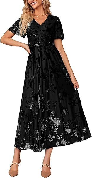 Simplee Women’s V Neck Velvet Maxi Dress Short Sleeve Empire Waist Long Formal Dress for Weddin... | Amazon (US)