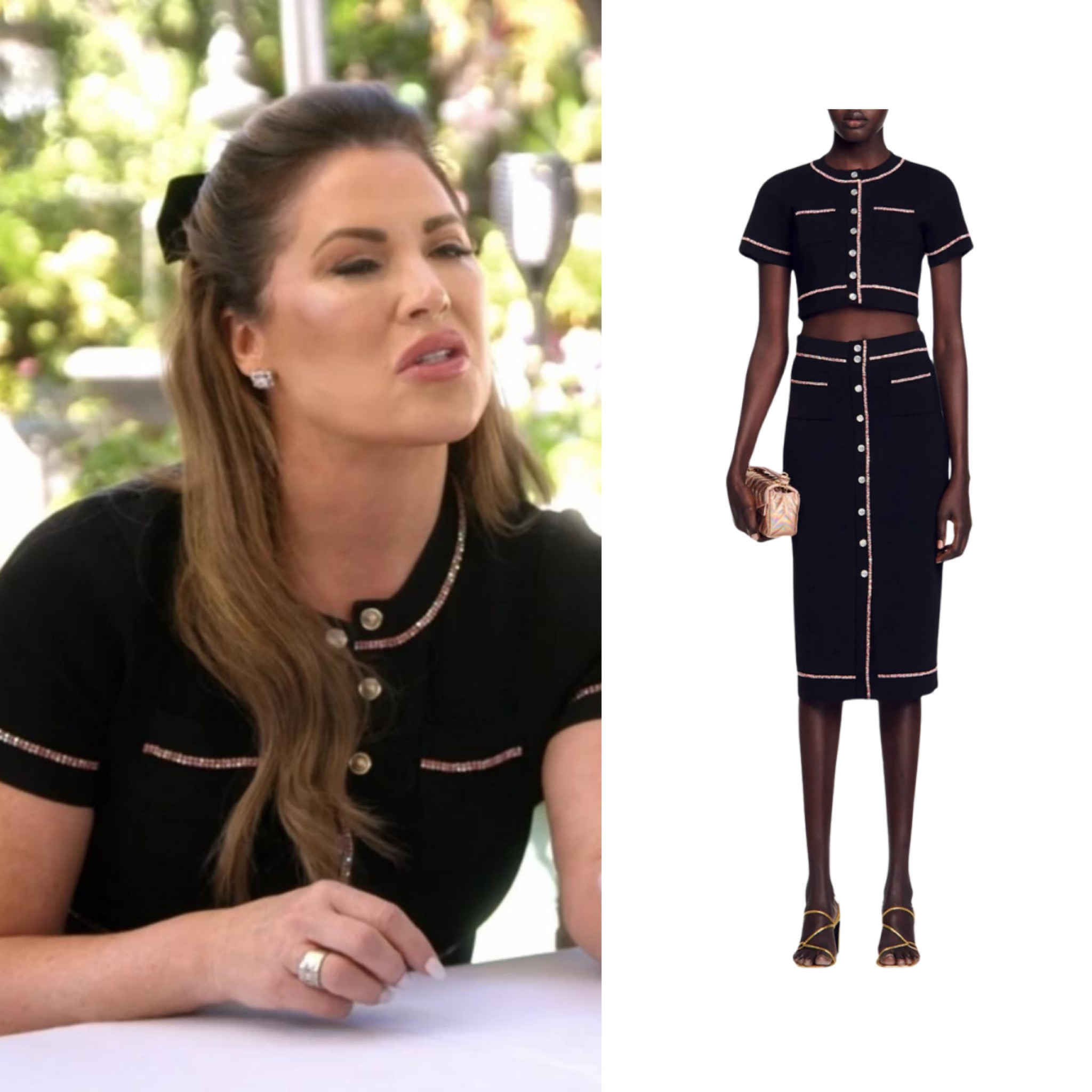 Emily Simpson’s Black Crystal Trim Top and Skirt Set