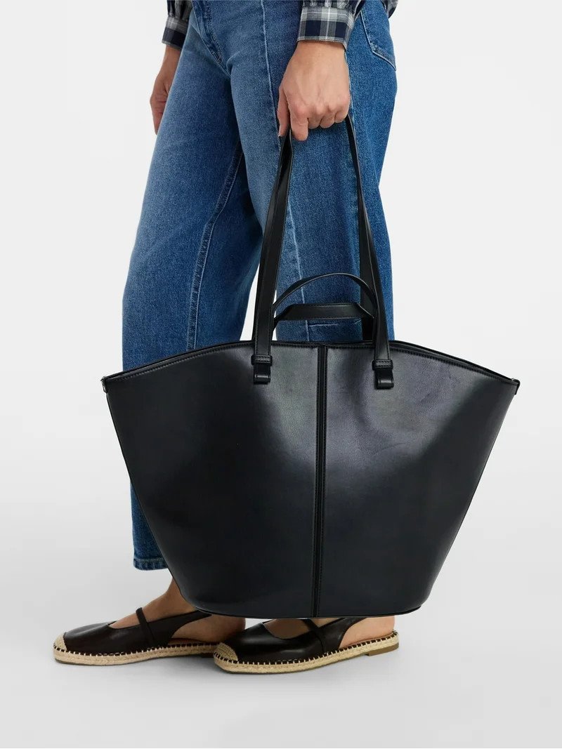 Time and Tru Women's Faux Leather Tulip Tote Handbag, Black | Walmart (US)