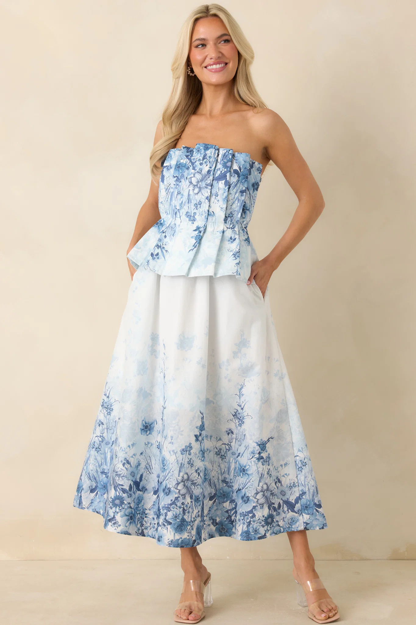 Gathered in Grace Blue Floral Cotton Strapless Midi Dress | Red Dress