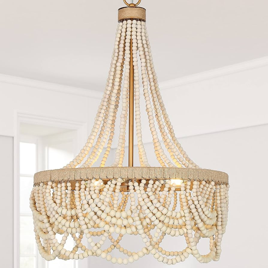 Uolfin Beaded Chandelier, Farmhouse White Boho Light Fixture with 2332 pcs Solid Wood Beads and N... | Amazon (US)