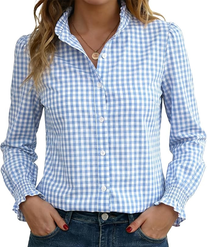 Funlingo Women's Striped Button Down Shirts Long Sleeve Smocked Cuffed Ruffle Collar Blouses Spri... | Amazon (US)