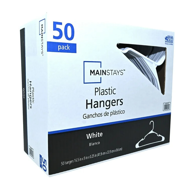 Mainstays Plastic Clothes Hangers, White, 50-Count, Lightweight & Durable for Everyday Use | Walmart (US)
