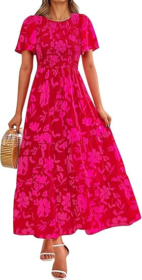 PRETTYGARDEN Women's 2026 Spring Casual Flutter Short Sleeve Boho Floral Maxi Dress Crew Neck Smo... | Amazon (US)