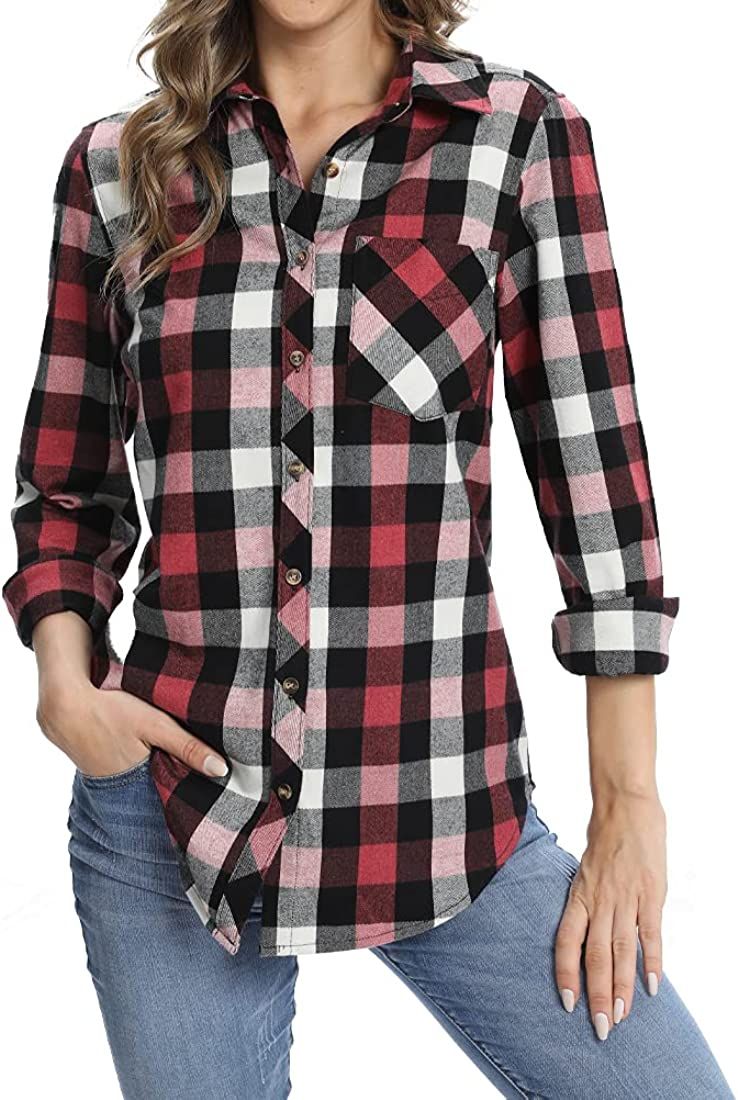 Fuinloth Women's Flannel Button Down Shirt, Plaid Long Sleeve Pure Cotton with Pocket | Amazon (US)