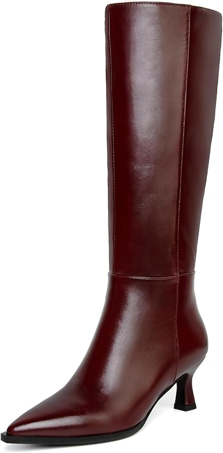 Kitten Heel Knee High Boots Women-Pointed Toe Faux Leather Stiletto Side Zipper Long Tall Dress B... | Amazon (US)