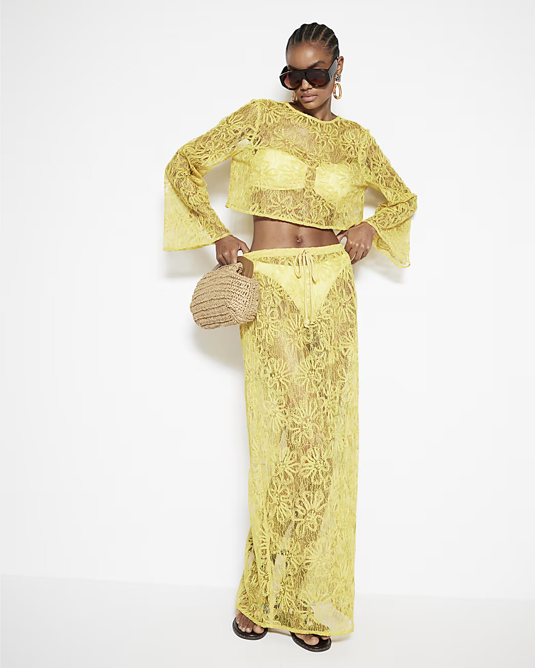 Yellow Long Sleeve Lace Beach Top | River Island UK & IE