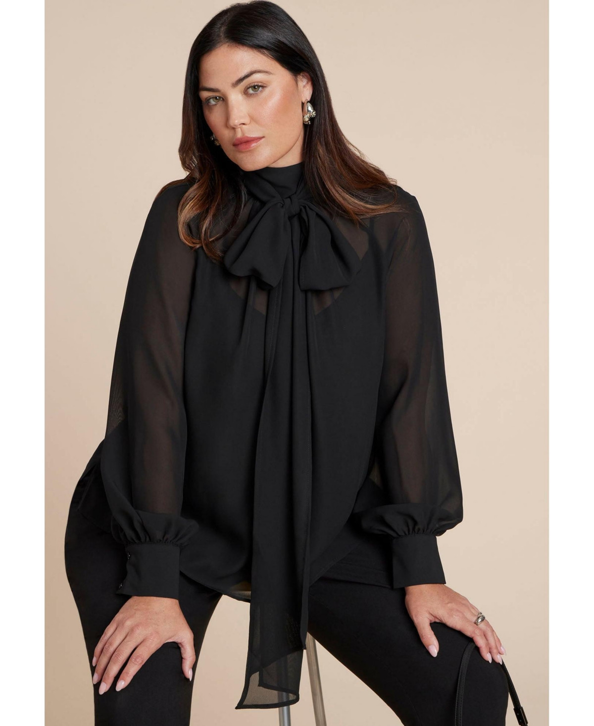 Eloquii Women's Sheer Neck Tie Blouse - Black onyx | Macy's
