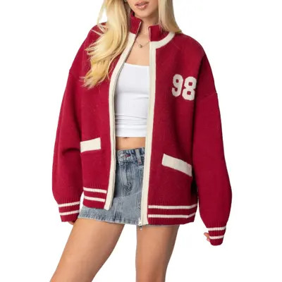 EDIKTED 98 Varsity Zip Sweater in Burgundy at Nordstrom, Size Large | Nordstrom