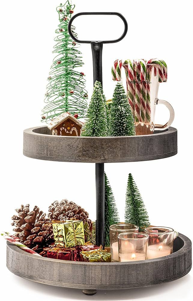 Tiered Tray Stand - 2 Tier Tray for Fruit, Cupcakes & More - Farmhouse Tiered Tray Decor Holder -... | Amazon (US)