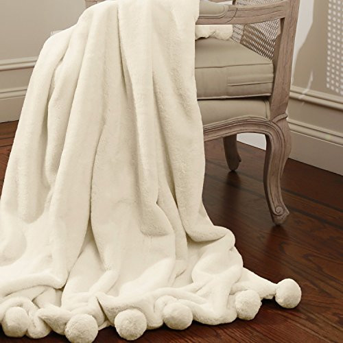 Best Home Fashion Luxe Faux Fur Pom Throw - Lounge Blanket - Cream - 58"W X 60"L - (1 Throw) | Amazon (US)