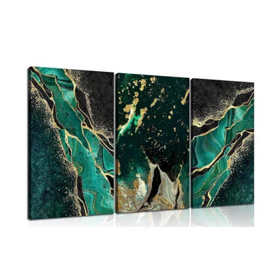 3Pcs Green And Gold Wall Art Abstrct Gold Foil Lines Posters Pictures Marble Texture Canvas Prints Dark Green Paintings For Nordic Living Room Bedroom | Wayfair North America