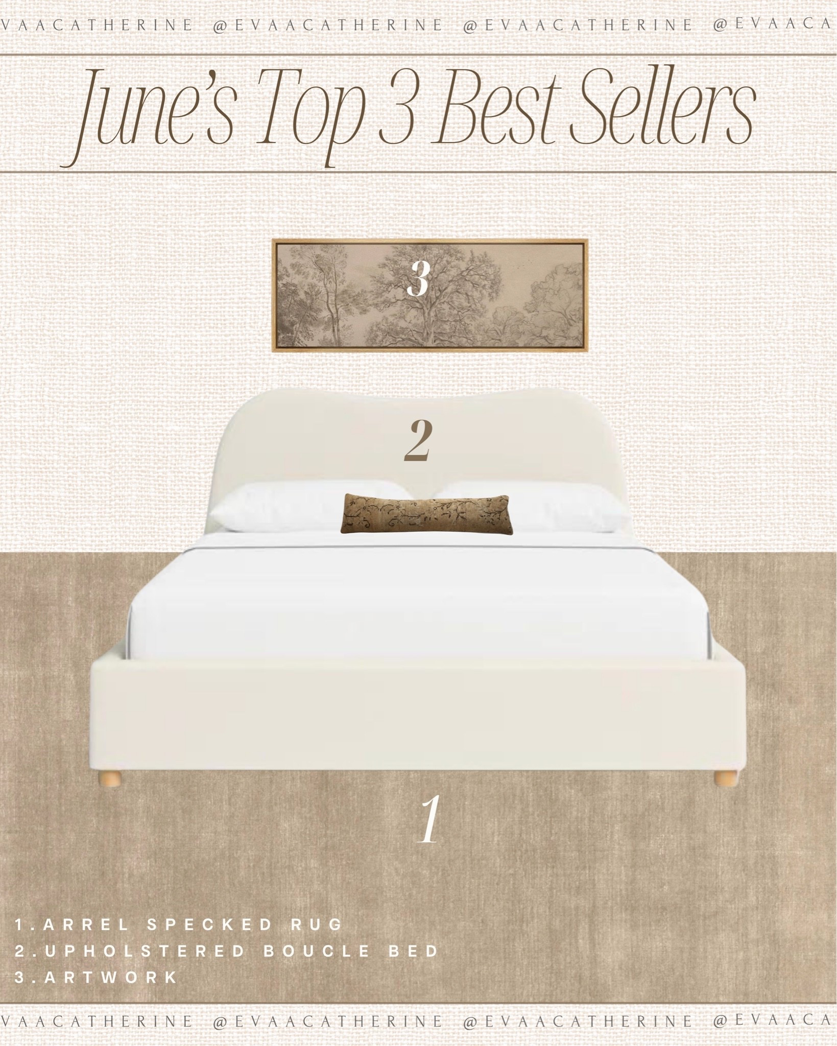 The pieces you loved most this month 🤎

You all definitely have a type… warm neutrals, timeless textures, and investment pieces that make a home feel collected instead of trendy.

Here are June’s top 3 best sellers:

1. Arrel Specked Rug
2. Upholstered Bouclé Bed
3. Vintage-Inspired Landscape Artwork

Comment JUNE and I’ll send you links to all three!

#bestsellers #homedecor #neutralhome #interiordesign #cozyhome #bedroomdecor #vintagemodern #luxuryinteriors #homedecorinspo #neutraldecor #bouclebed #arearug #wallart #designerlookforless #2026hometrends

warm neutral home, timeless home decor, luxury bedroom, cozy bedroom ideas, vintage artwork, textured rug, upholstered bed, designer home finds, curated home, organic modern, home styling inspiration, best home decor finds, interior styling, neutral aesthetic, elevated home decor

#LTKHome
