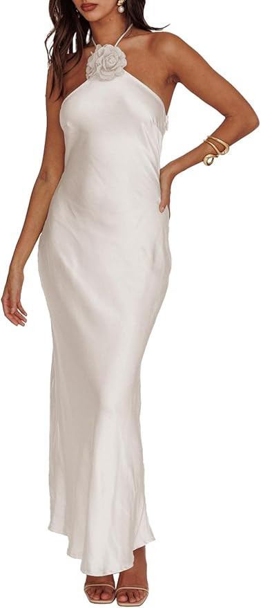 Summer Satin Halter Backless Maxi Dresses for Women 2025 Silk Sleeveless Formal Wedding Guest Lon... | Amazon (US)