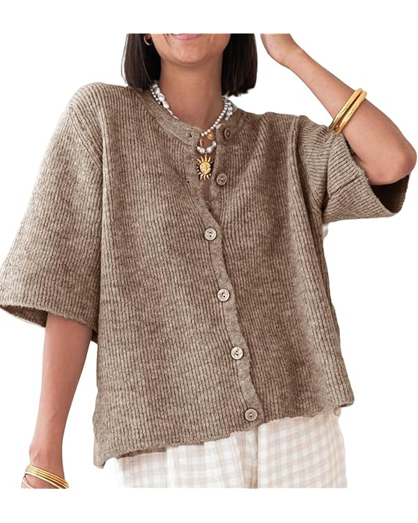 KMBANGI Women Knitted Cropped Blouse Short Sleeve Button Knit Shirt Crop Cardigan Y2k Open Front ... | Amazon (US)
