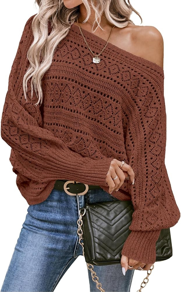 Verdusa Women's Off The Shoulder Sweater Crochet Dolman Sleeve Hollow Out Oversized Boat Neck Lon... | Amazon (US)
