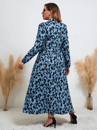 SHEIN Modely Plus Allover Print Bishop Sleeve Ruffle Hem Belted Dress | SHEIN