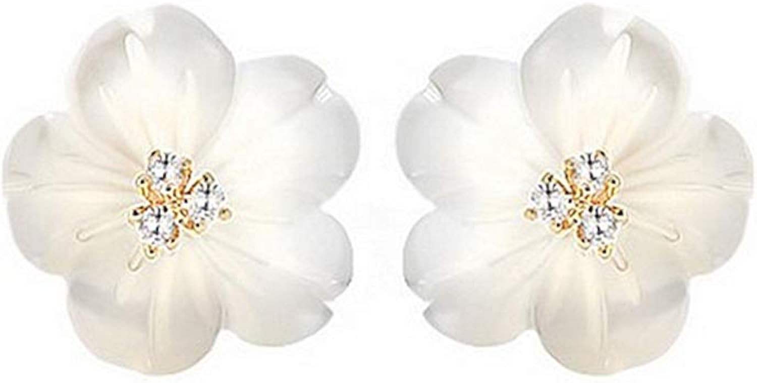 CZ Shell Pearl Flower Stud Earrings for Women Girls S925 Sterling Silver Hypoallergenic Crystal Cute | Amazon (US)