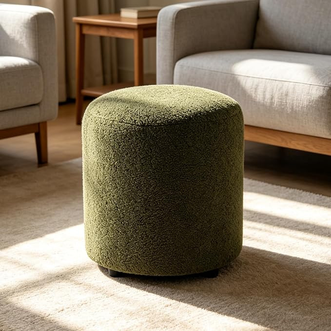 Modern Round Ottoman, Teddy Fleece Vanity Stool Footrest, Upholstered Stool for Makeup, Bedroom, ... | Amazon (US)
