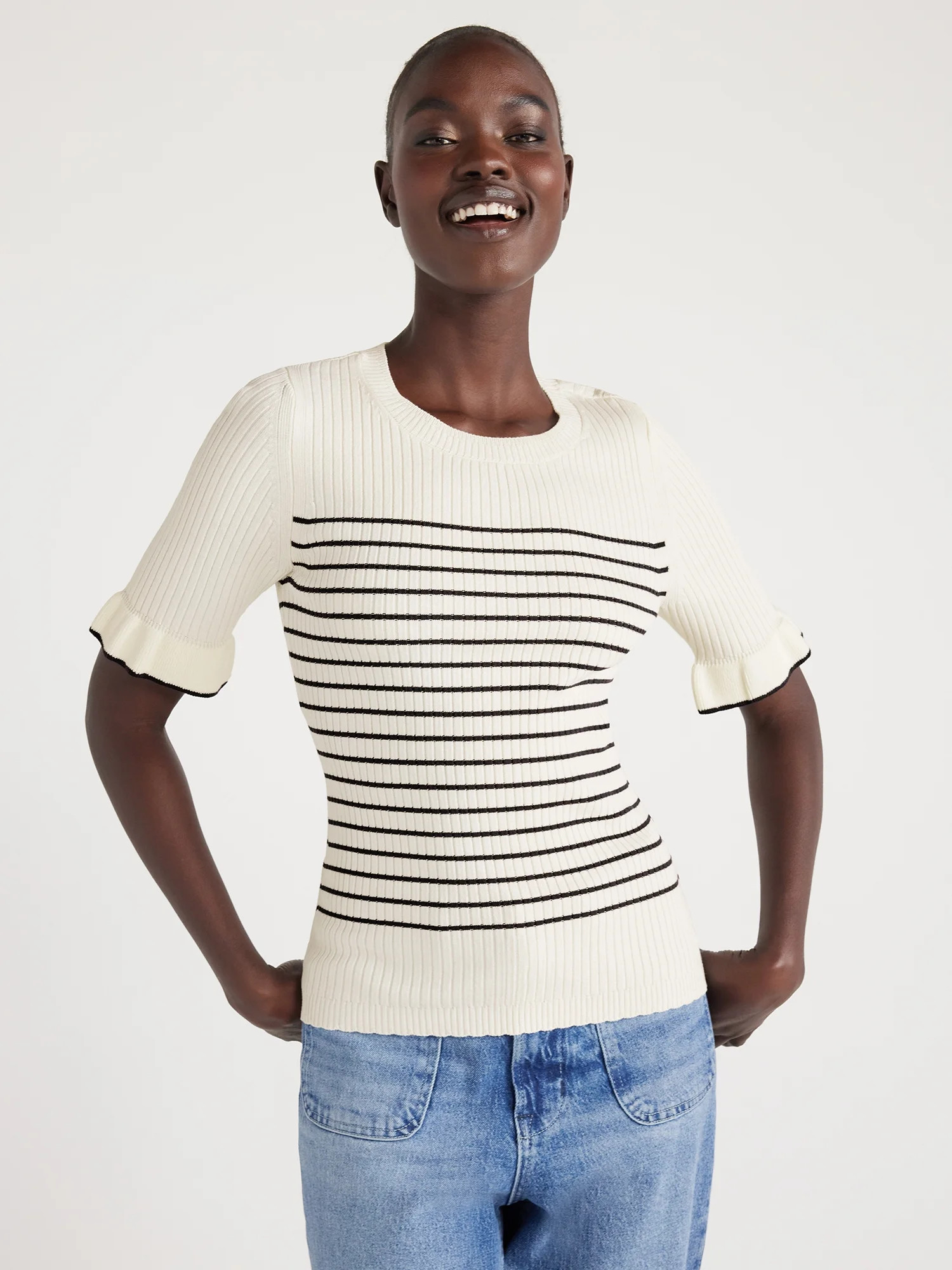 Free Assembly Women’s Short Sleeve Ruffle Trim Sweater, Midweight, Sizes XS-XXL | Walmart (US)