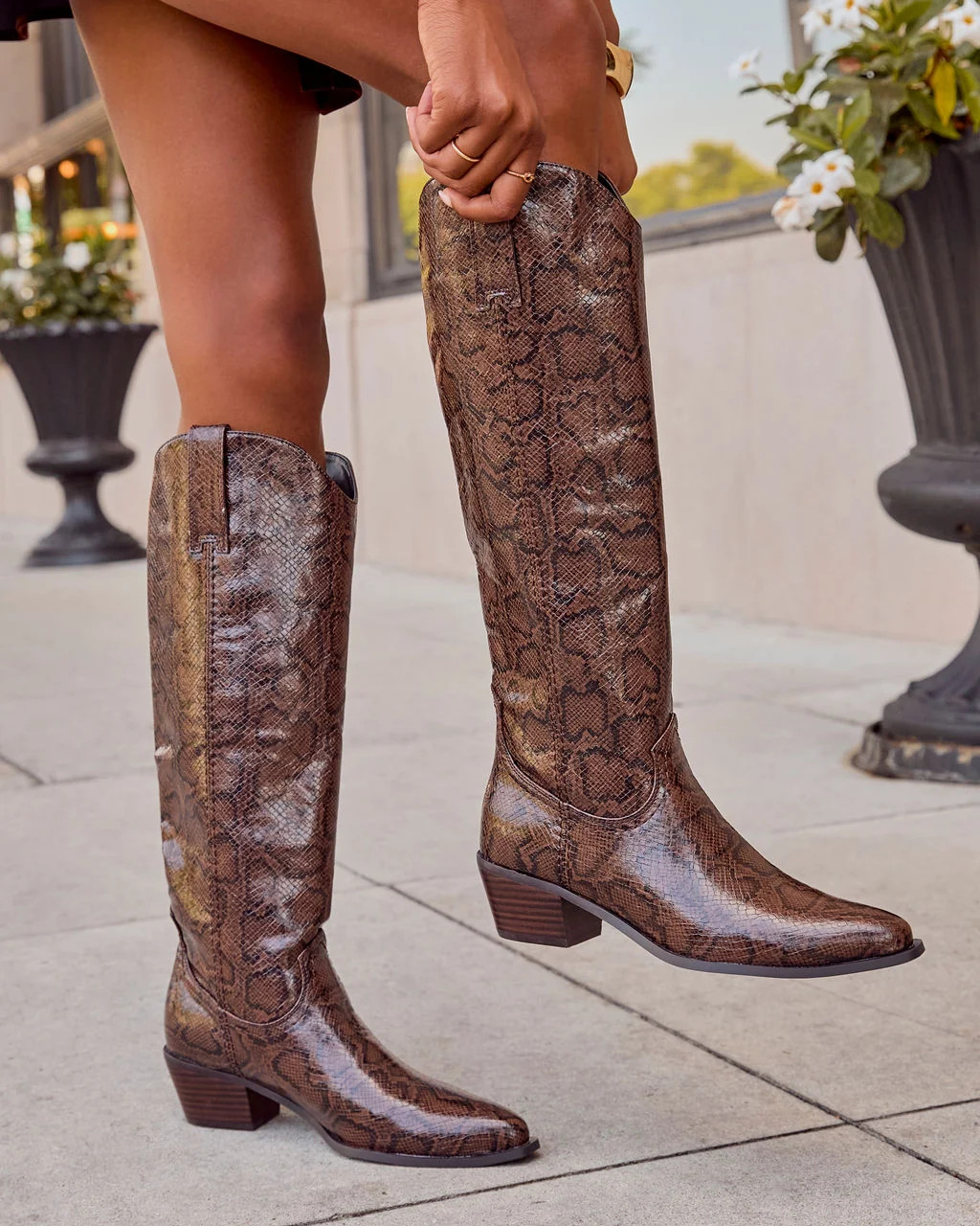 Kelis Embossed Snake Print Vegan Leather Western Boots Brown Snake / 9 | VICI