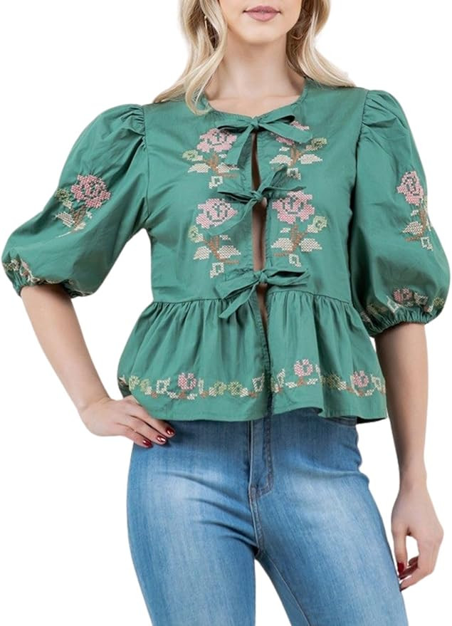 Womens Floral Embroidery Short Puff Sleeve Top Poplin Front Self Tie Detail Peplum Blouse | Amazon (US)